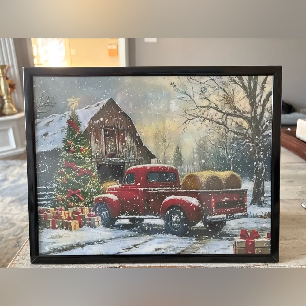 Rustic Red Truck Hay Bale Framed Print 8x10 - Farmhouse Christmas Snow Scene
